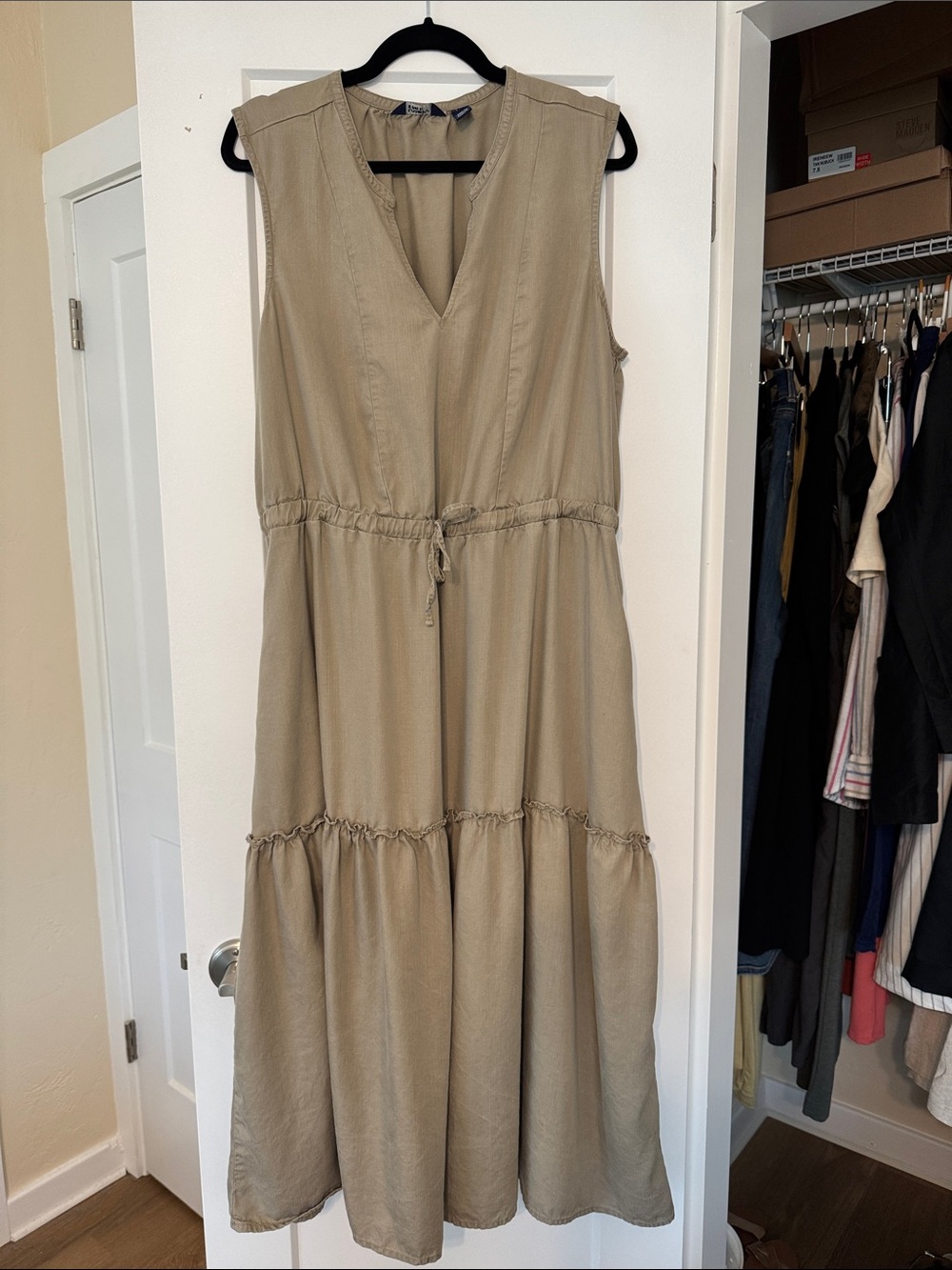 Lands’ End 100% Lyocell Sleeveless Drawstring Midi Dress XL Coastal Beach